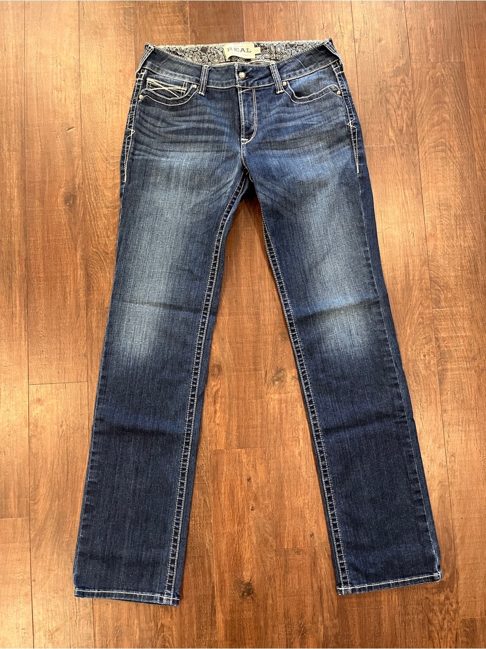Ariat REAL Straight Leg Jeans Womens 32 XL Blue Ocean Mid Rise Icon